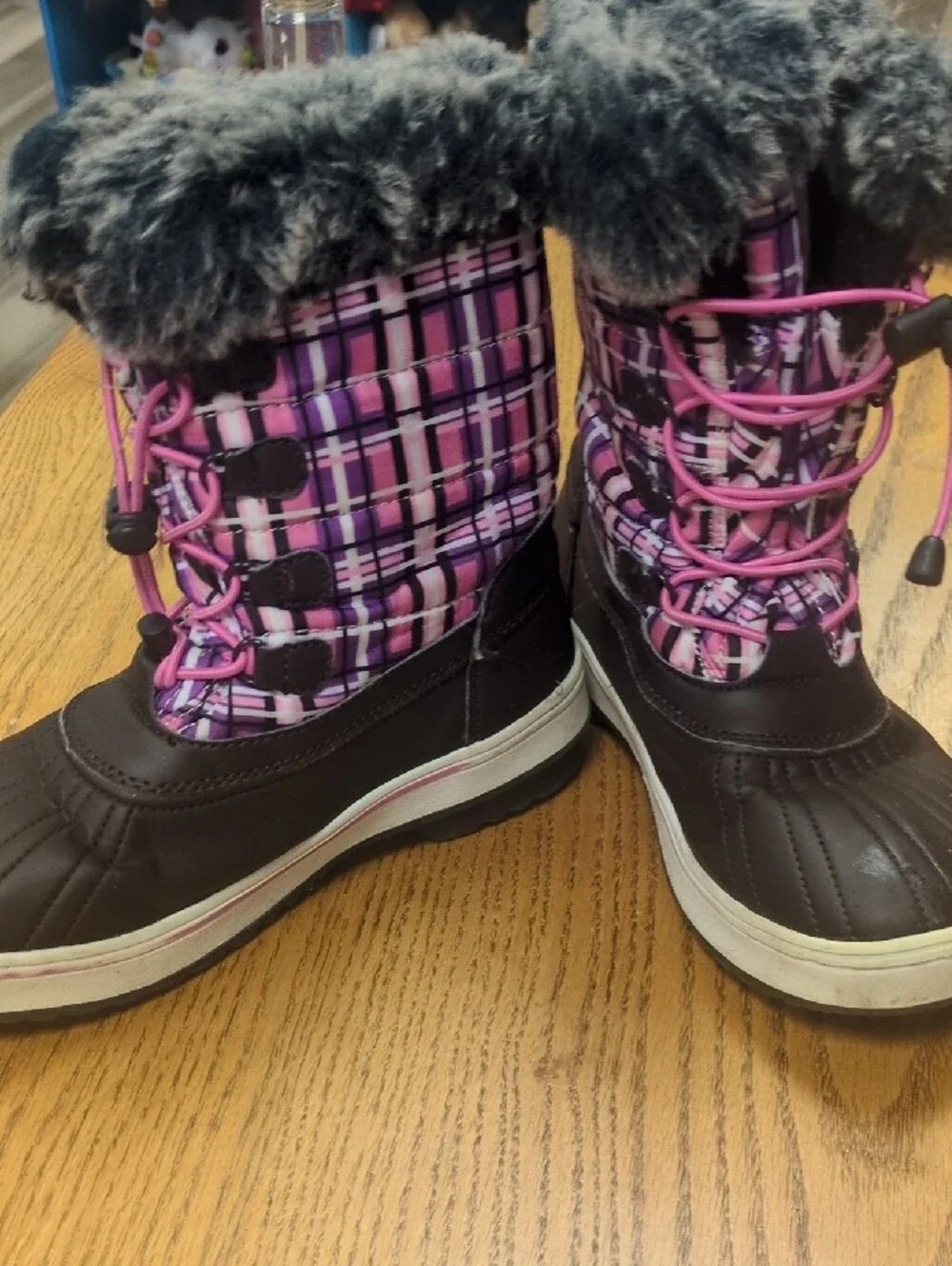 Girls Pink Plaid Faux-Fur Winter Rain & Snow Boots
